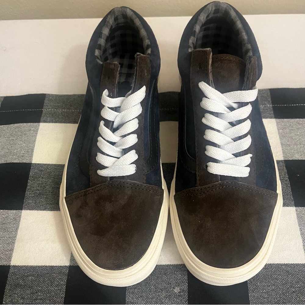 Vans Old Skool Suede Shoe Pig Suede Plaid Brown/Navy Women 6.5 US